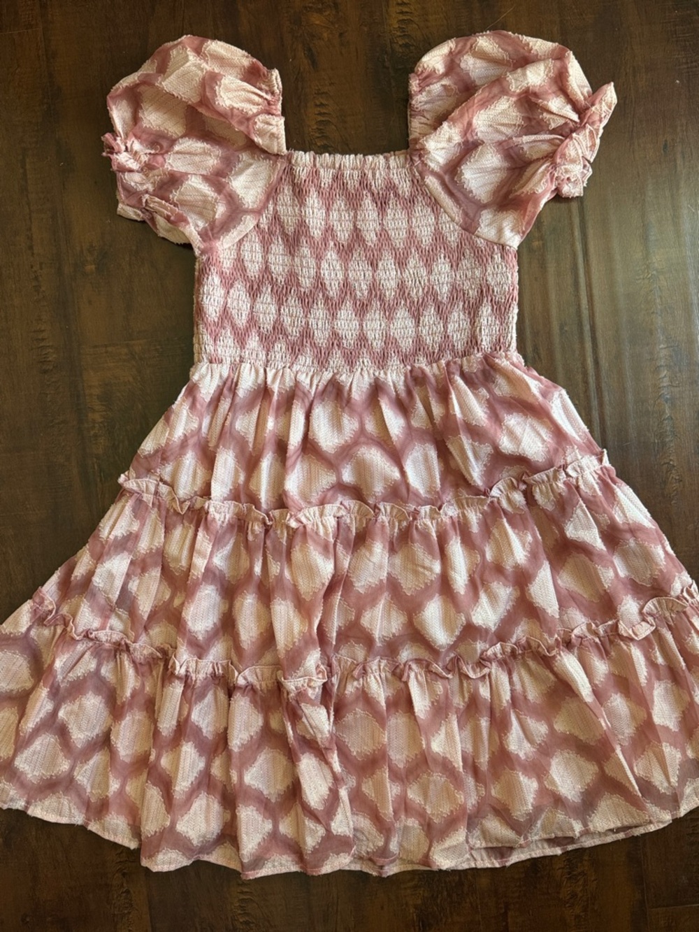 Jessakae- Girls Mauve Pink Smocked Puff-Sleeve Tiered Dress size 6-7yrs